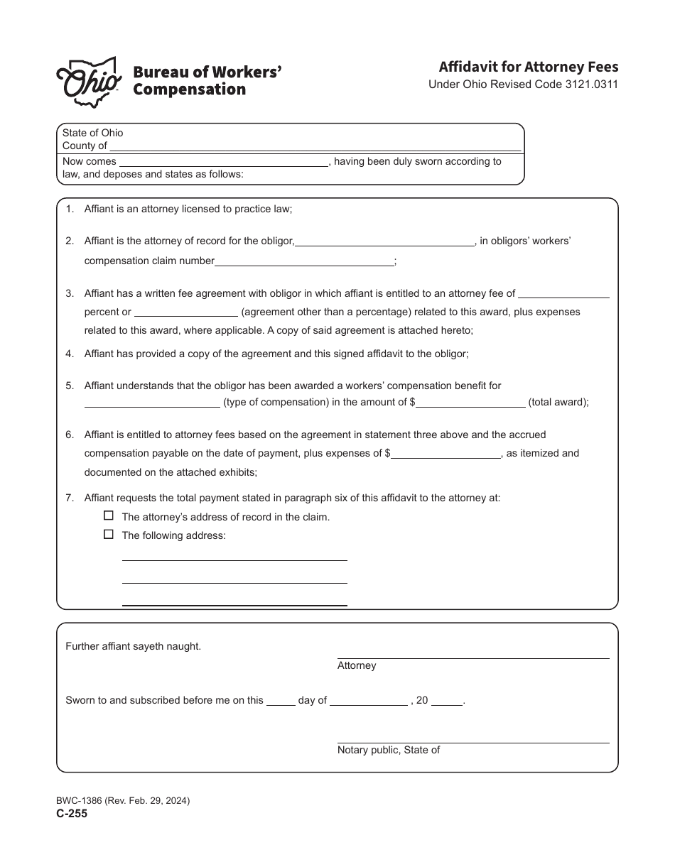 Form C 255 Bwc 1386 Download Printable Pdf Or Fill Online Affidavit