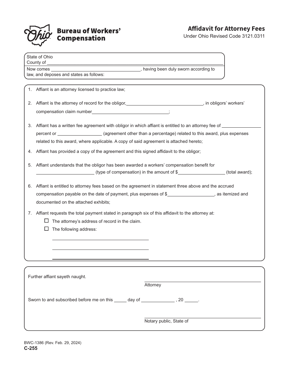 Form C-255 (BWC-1386) Affidavit for Attorney Fees - Ohio, Page 1