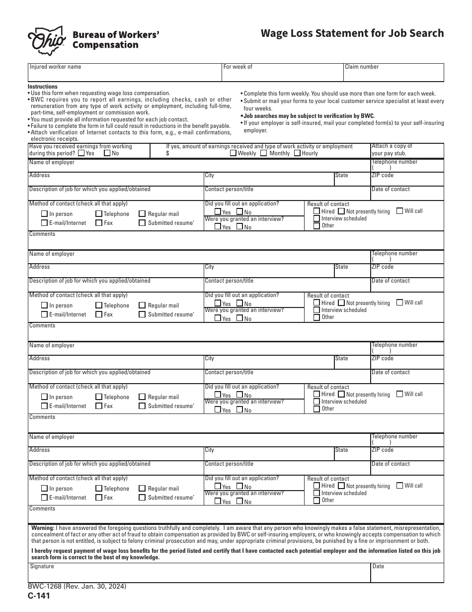 Form C-141 (BWC-1268) Wage Loss Statement for Job Search - Ohio, Page 1