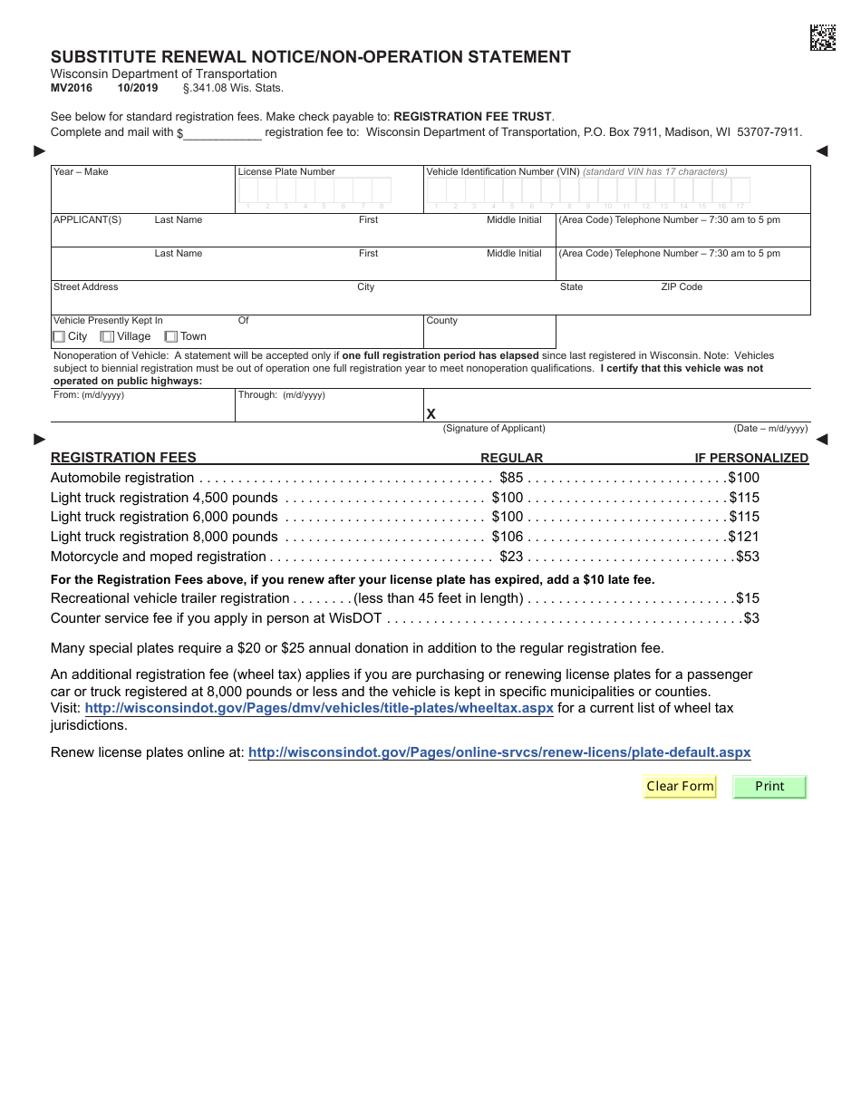 Form MV2016 Substitute Renewal Notice / Non-operation Statement - Wisconsin, Page 1