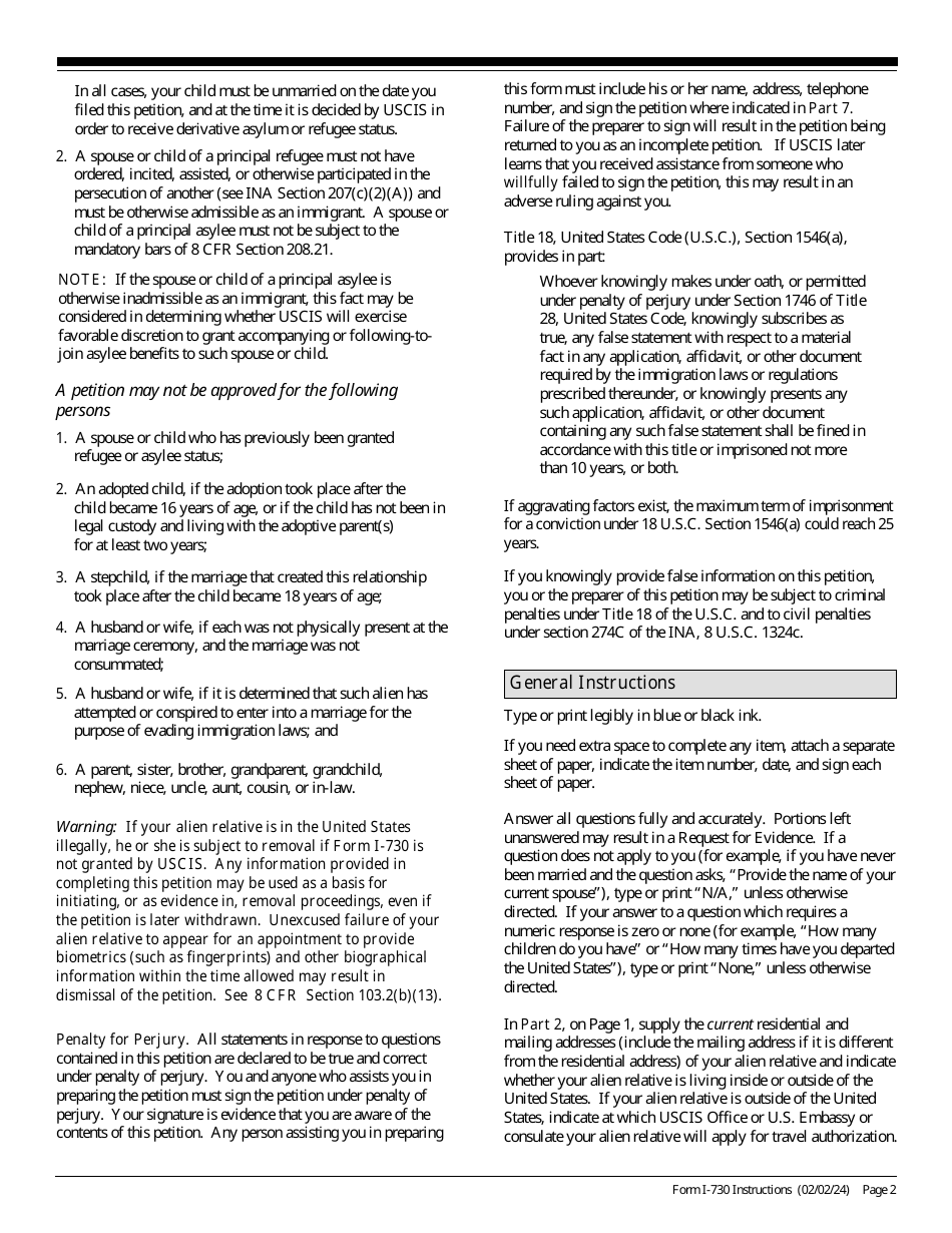 Instructions for USCIS Form I-730 Refugee / Asylee Relative Petition, Page 2
