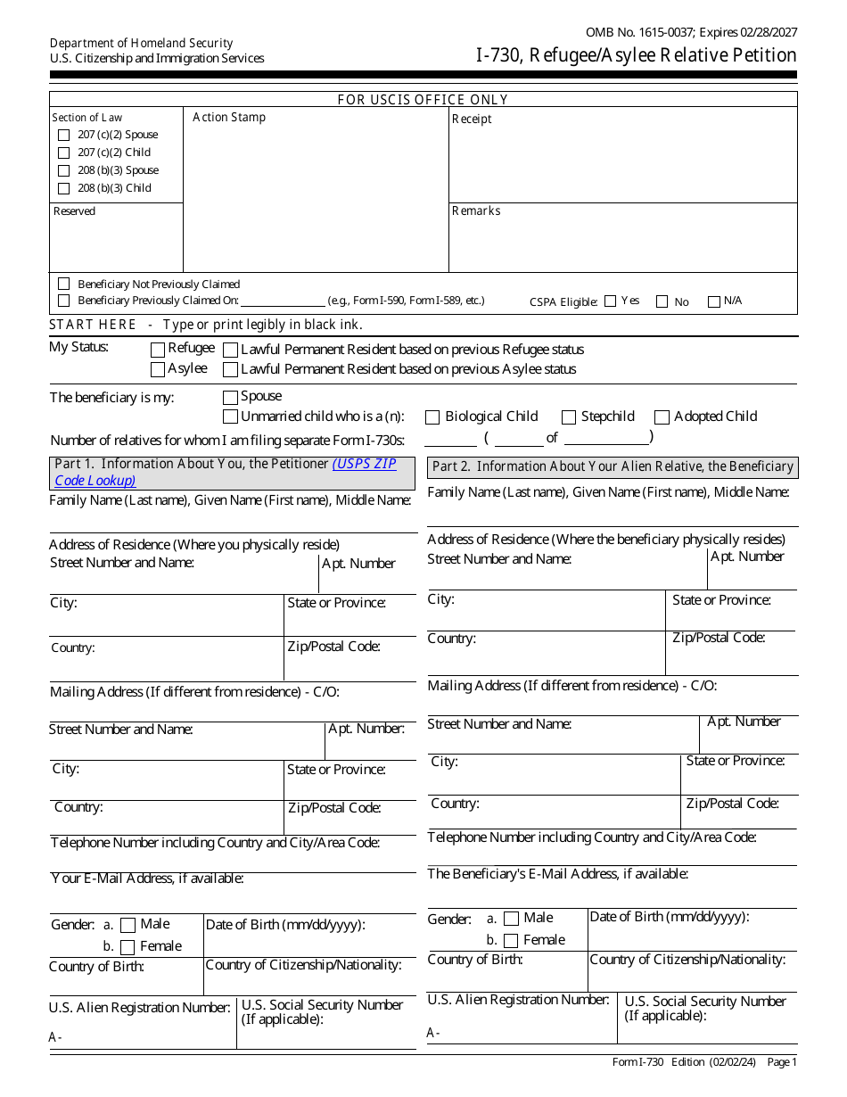 USCIS Form I-730 Refugee / Asylee Relative Petition, Page 1