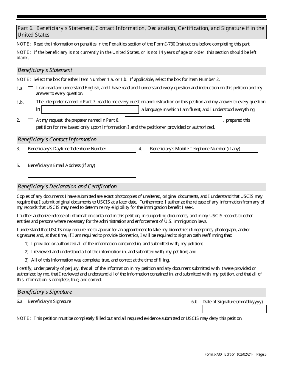 USCIS Form I-730 Refugee / Asylee Relative Petition, Page 5