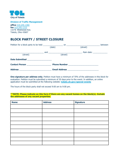 Block Party/Street Closure Petition - City of Toledo, Ohio