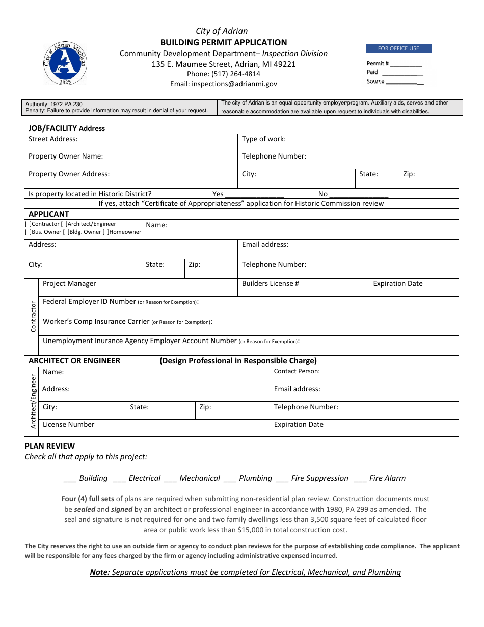 City of Adrian, Michigan Building Permit Application Fill Out, Sign