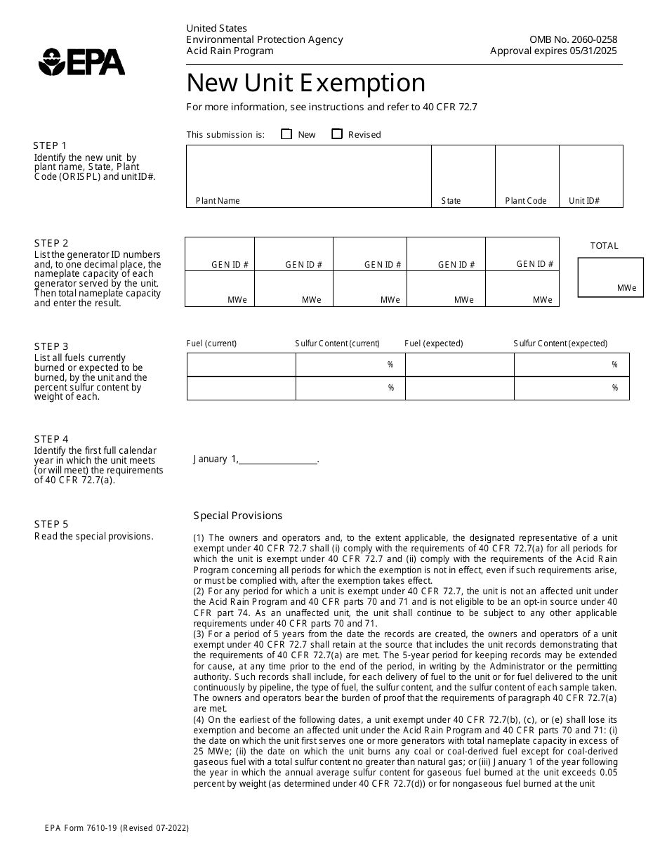 EPA Form 7610-19 New Unit Exemption - Acid Rain Program, Page 1