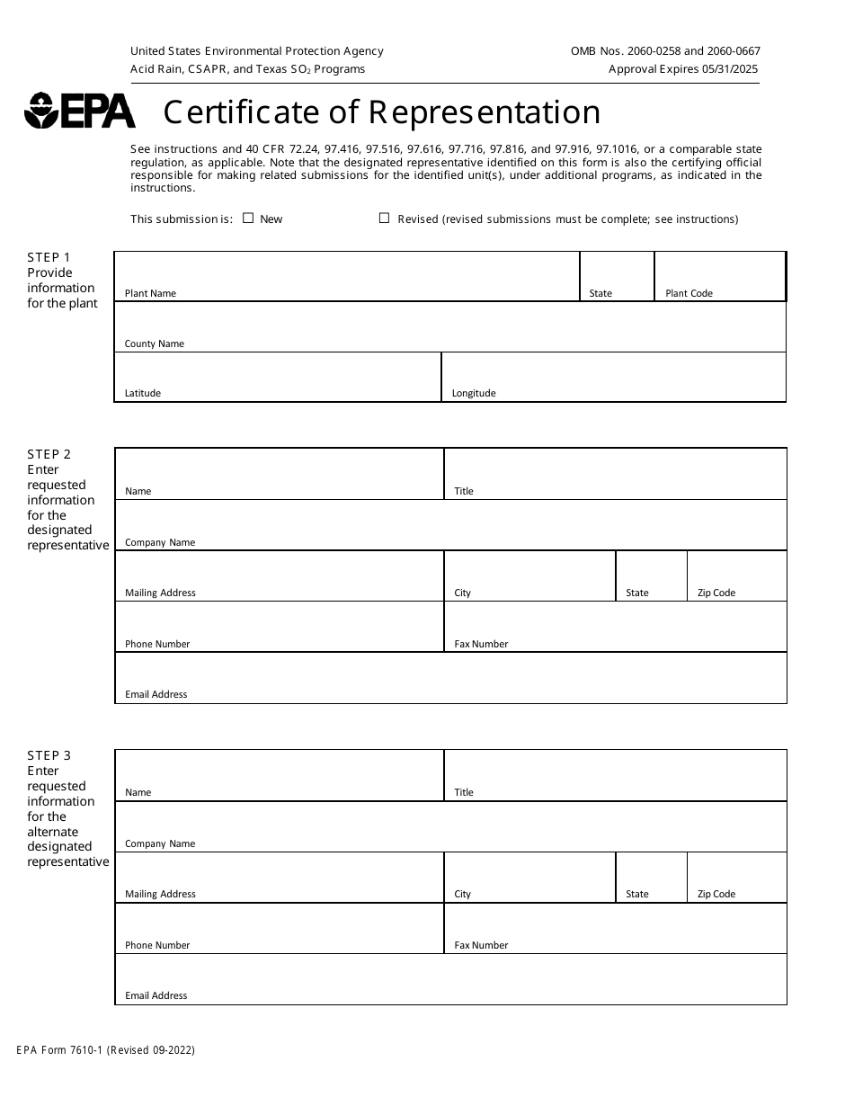 EPA Form 7610-1 Certificate of Representation, Page 1