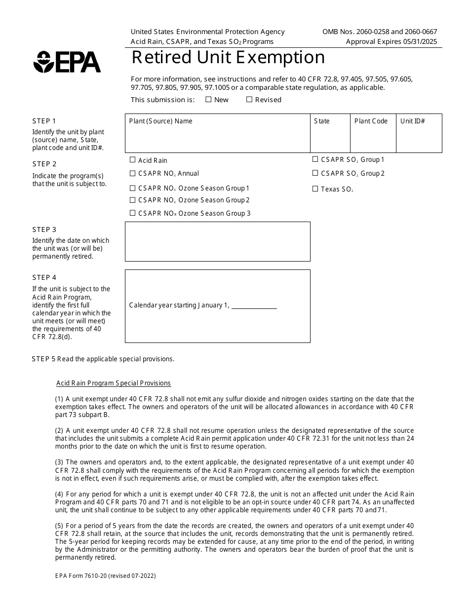 EPA Form 7610-20 Retired Unit Exemption - Acid Rain Program, Page 1