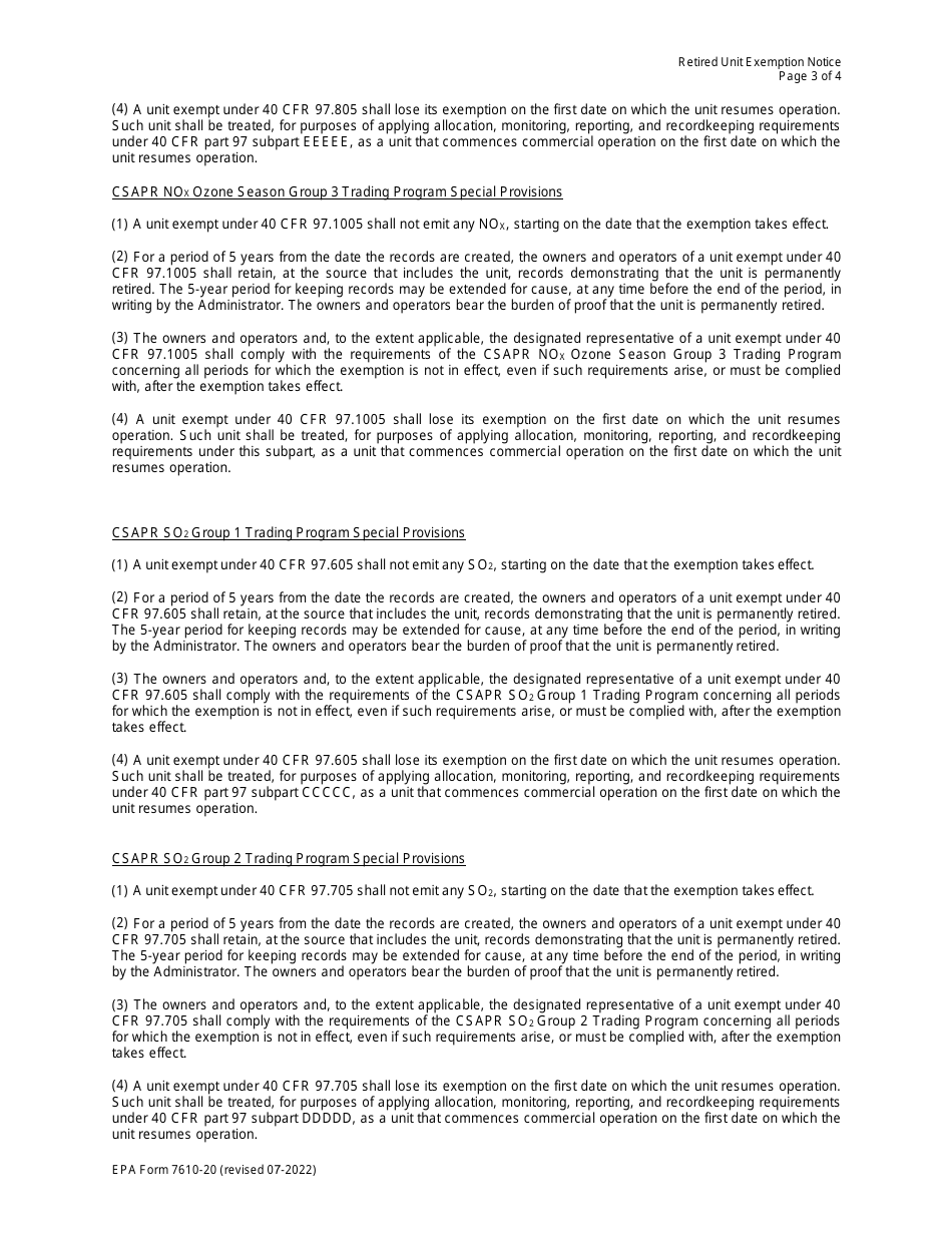 EPA Form 7610-20 Retired Unit Exemption - Acid Rain Program, Page 3