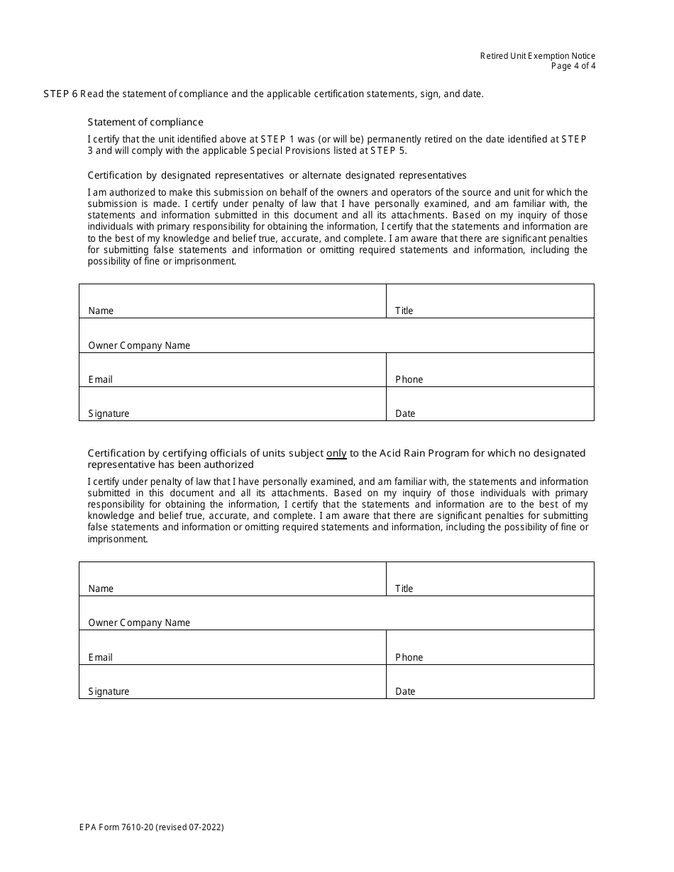EPA Form 7610-20 Retired Unit Exemption - Acid Rain Program, Page 5
