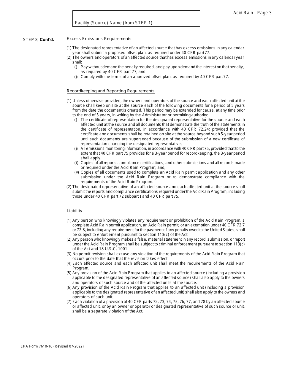 EPA Form 7610-16 Acid Rain Permit Application, Page 3