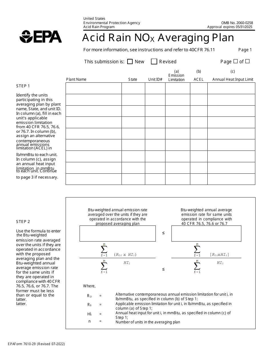EPA Form 7610-29 Acid Rain Nox Averaging Plan, Page 1