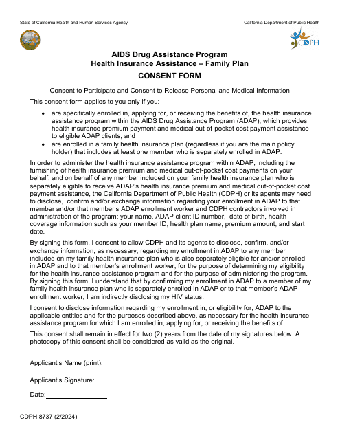 Form CDPH8737 Health Insurance Assistance Family Plan Consent Form - AIDS Drug Assistance Program - California