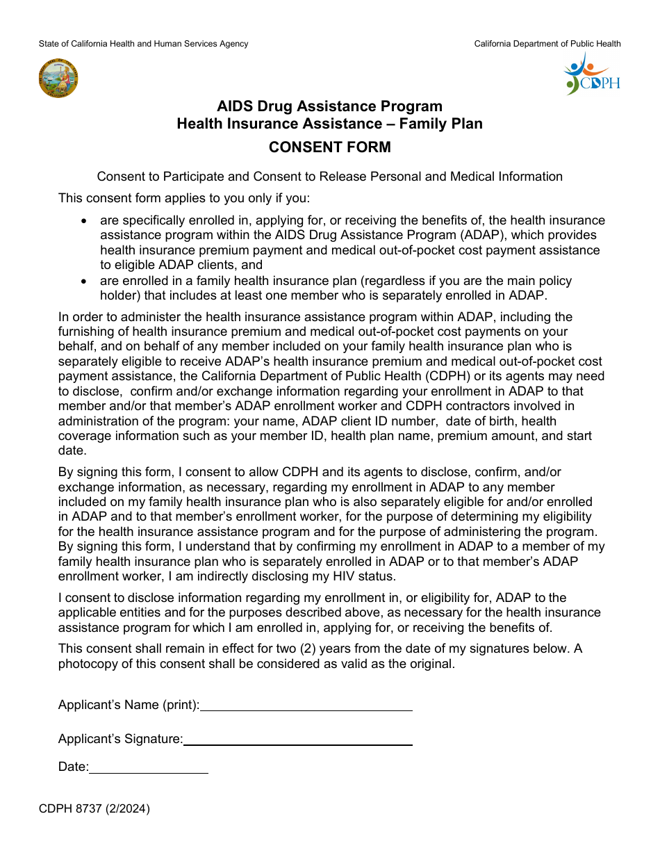 Form CDPH8737 Health Insurance Assistance Family Plan Consent Form - AIDS Drug Assistance Program - California, Page 1