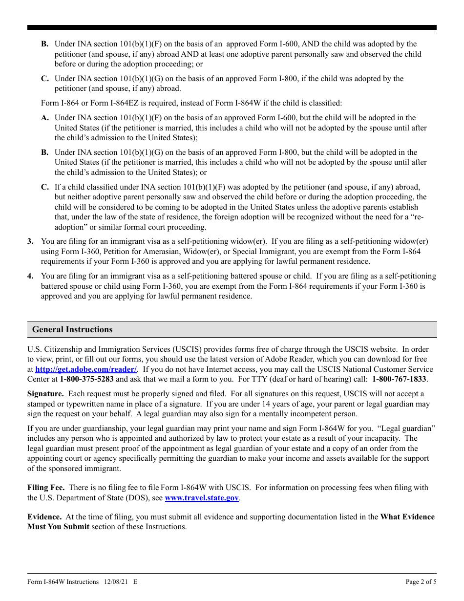 Instructions for USCIS Form I-864W Request for Exemption for Intending Immigrants Affidavit of Support, Page 2