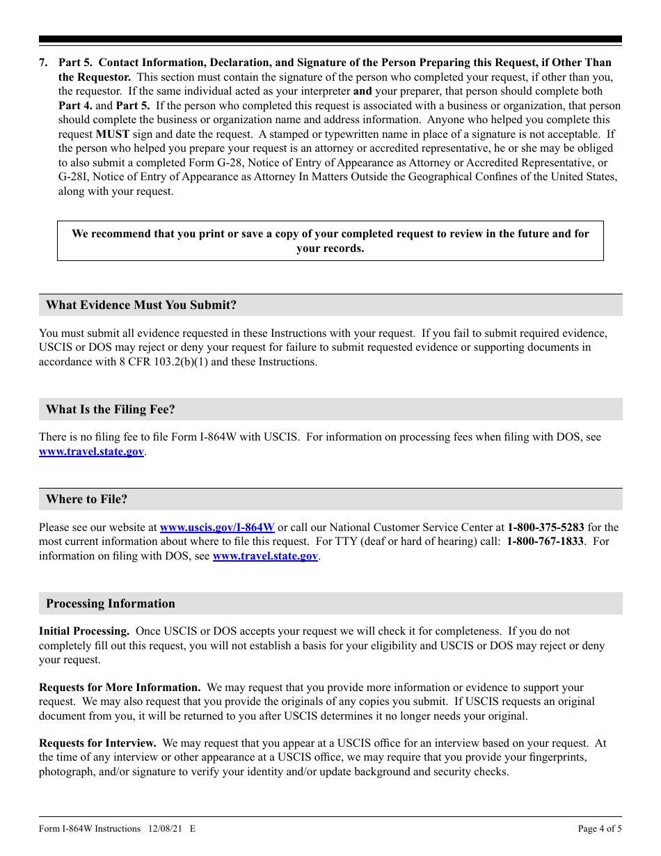 Instructions for USCIS Form I-864W Request for Exemption for Intending Immigrants Affidavit of Support, Page 4