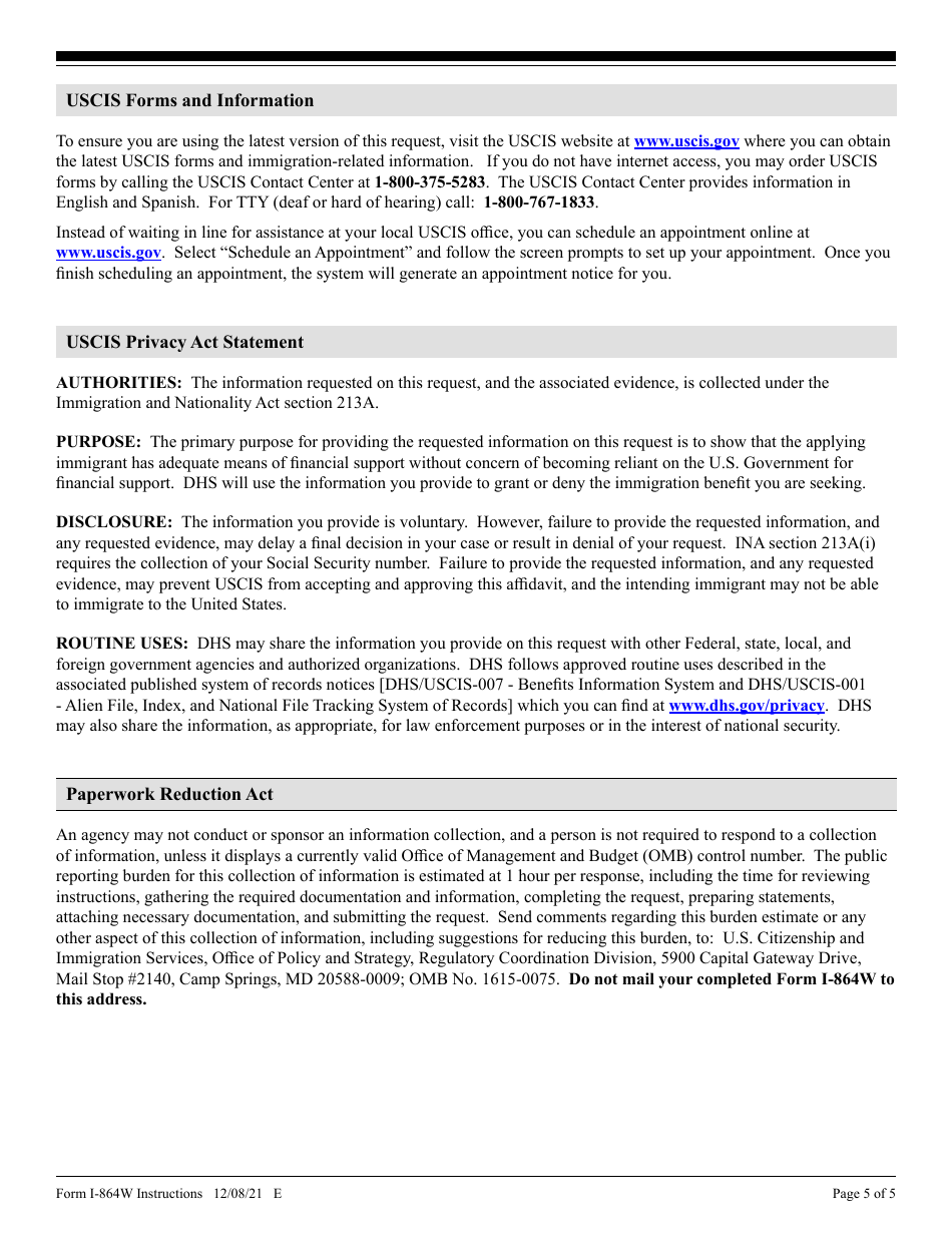 Instructions for USCIS Form I-864W Request for Exemption for Intending Immigrants Affidavit of Support, Page 5
