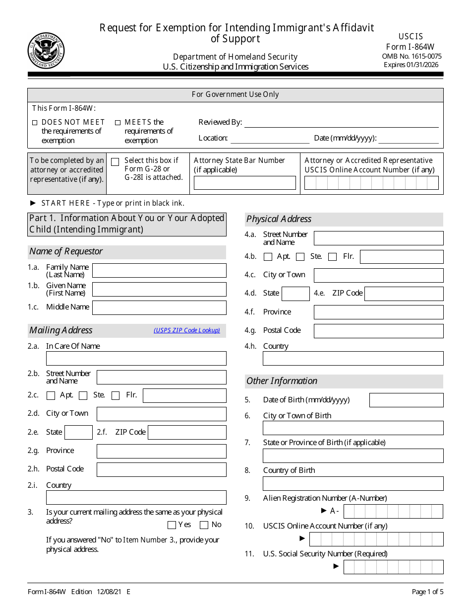 USCIS Form I-864W Request for Exemption for Intending Immigrants Affidavit of Support, Page 1