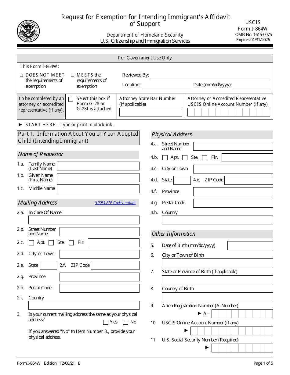 USCIS Form I-864W Download Fillable PDF or Fill Online Request for ...