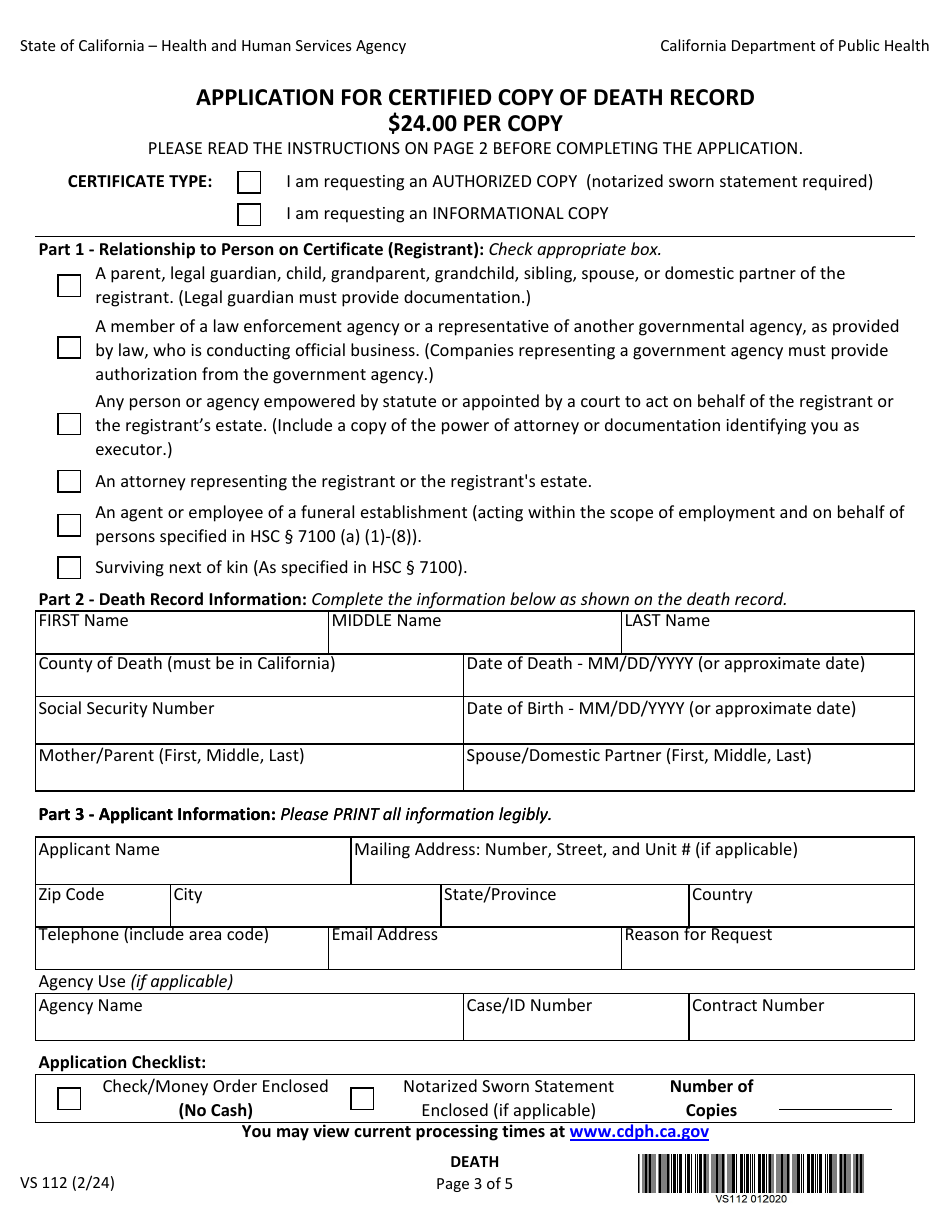 Form VS112 Application for Certified Copy of Death Record - California (English / Spanish), Page 3