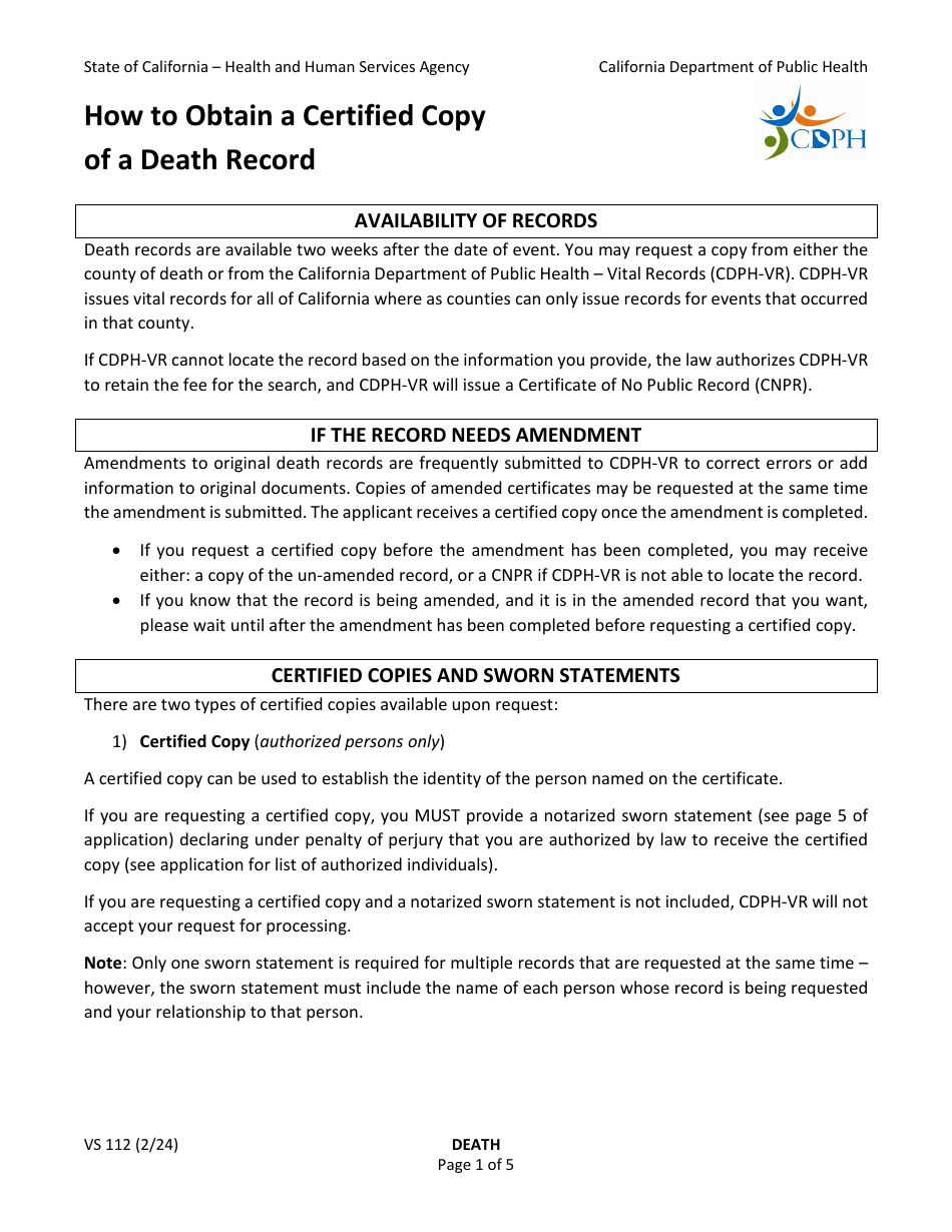 Form VS112 Application for Certified Copy of Death Record - California, Page 1