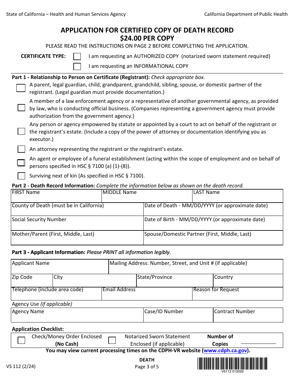 Form VS112 Application for Certified Copy of Death Record - California, Page 3