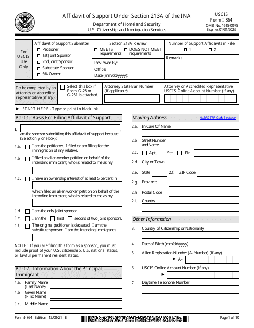 USCIS Form I-864 Affidavit of Support Under Section 213a of the Ina