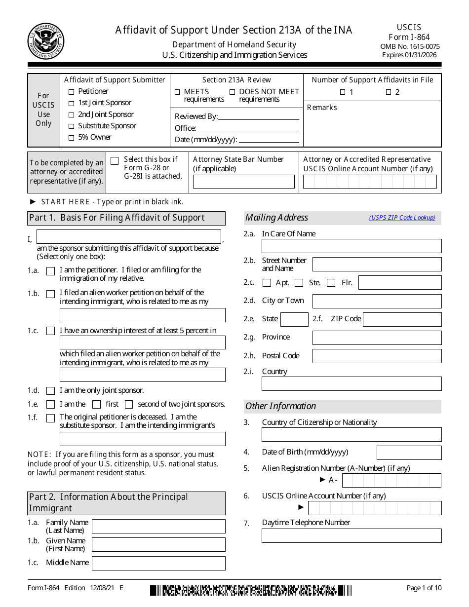 USCIS Form I-864 Download Fillable PDF or Fill Online Affidavit of ...