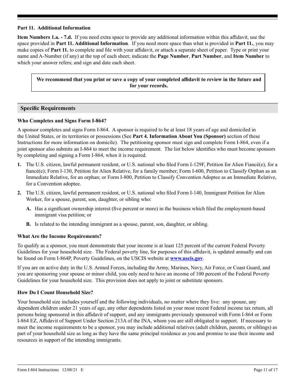 Instructions for USCIS Form I-864 Affidavit of Support Under Section 213a of the Ina, Page 11