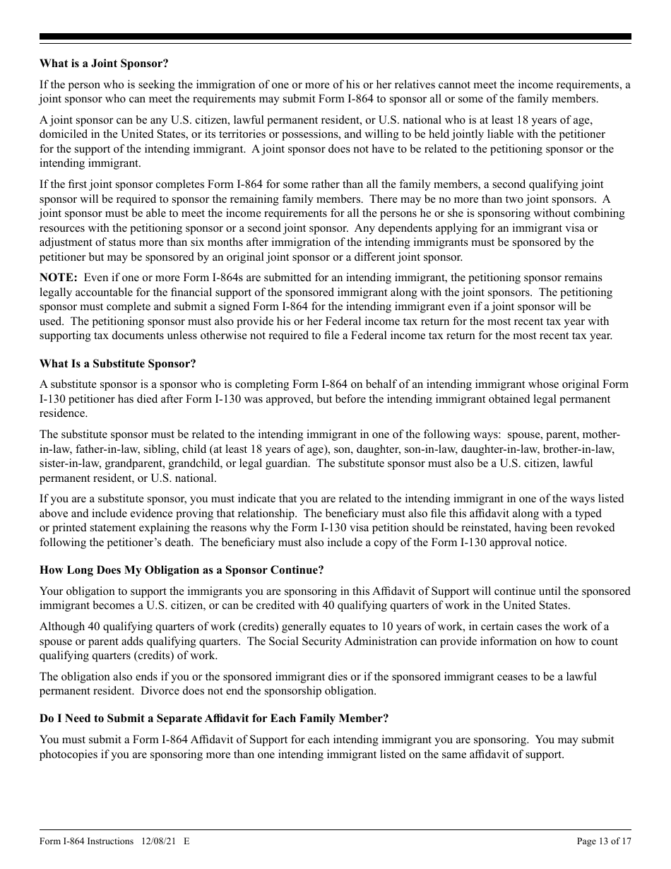 Instructions for USCIS Form I-864 Affidavit of Support Under Section 213a of the Ina, Page 13