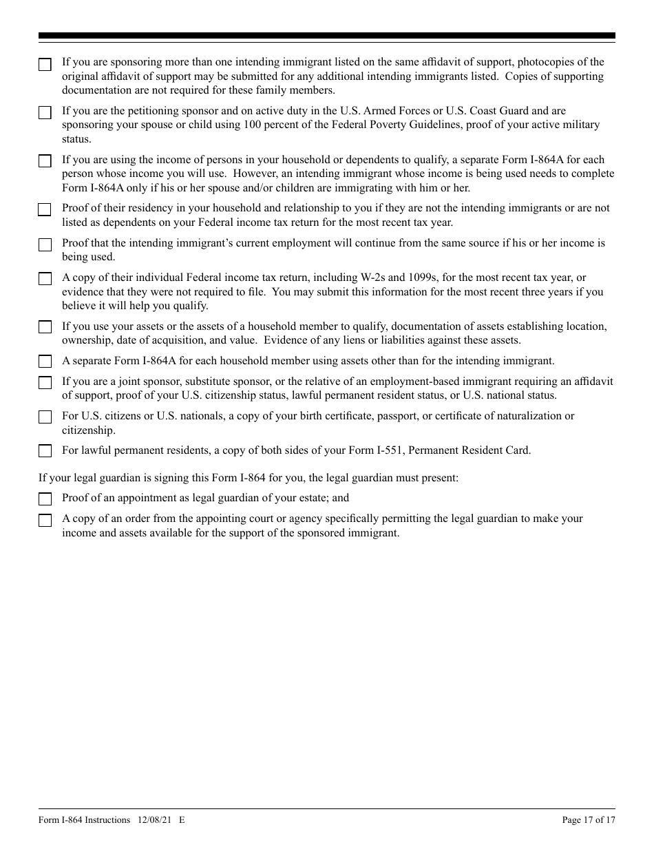 Instructions for USCIS Form I-864 Affidavit of Support Under Section 213a of the Ina, Page 17