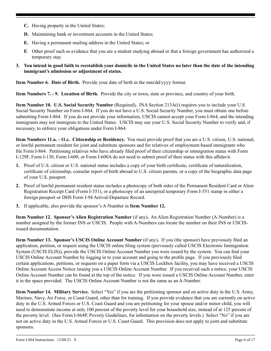 Instructions for USCIS Form I-864 Affidavit of Support Under Section 213a of the Ina, Page 6