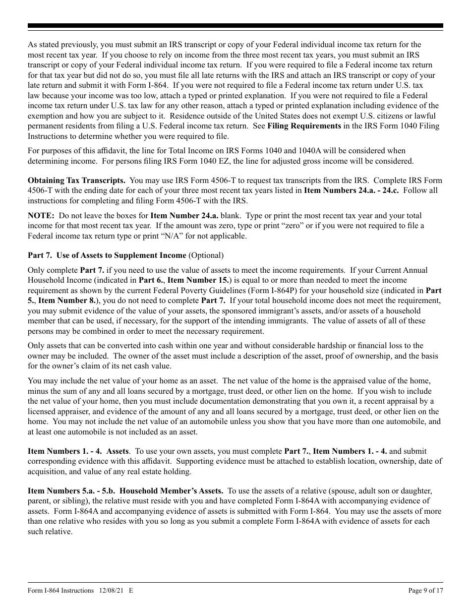 Instructions for USCIS Form I-864 Affidavit of Support Under Section 213a of the Ina, Page 9