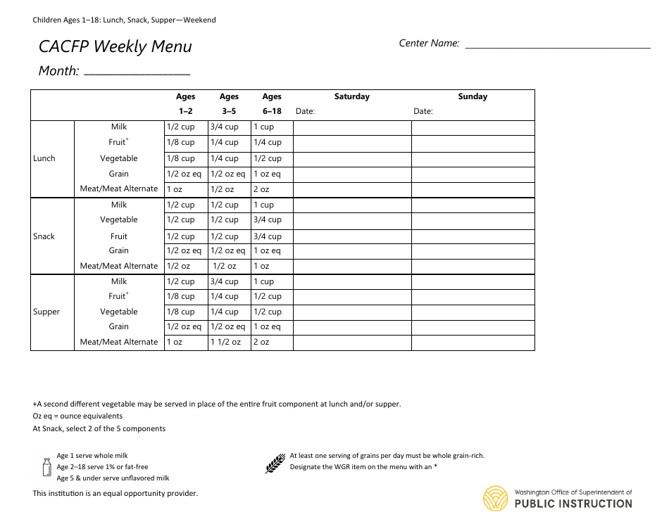 CACFP Weekly Menu - Children Ages 1-18: Lunch, Snack, Supper - Weekend Only - Washington, Page 1