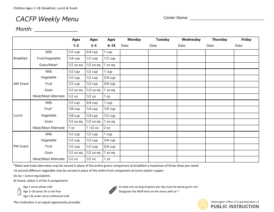 CACFP Weekly Menu - Children Ages 1-18: Breakfast, Lunch  Snack - Washington, Page 1