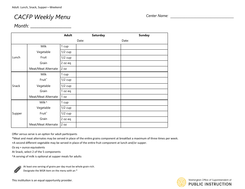 CACFP Weekly Menu - Adult: Lunch, Snack, Supper - Weekend Only - Washington, Page 1
