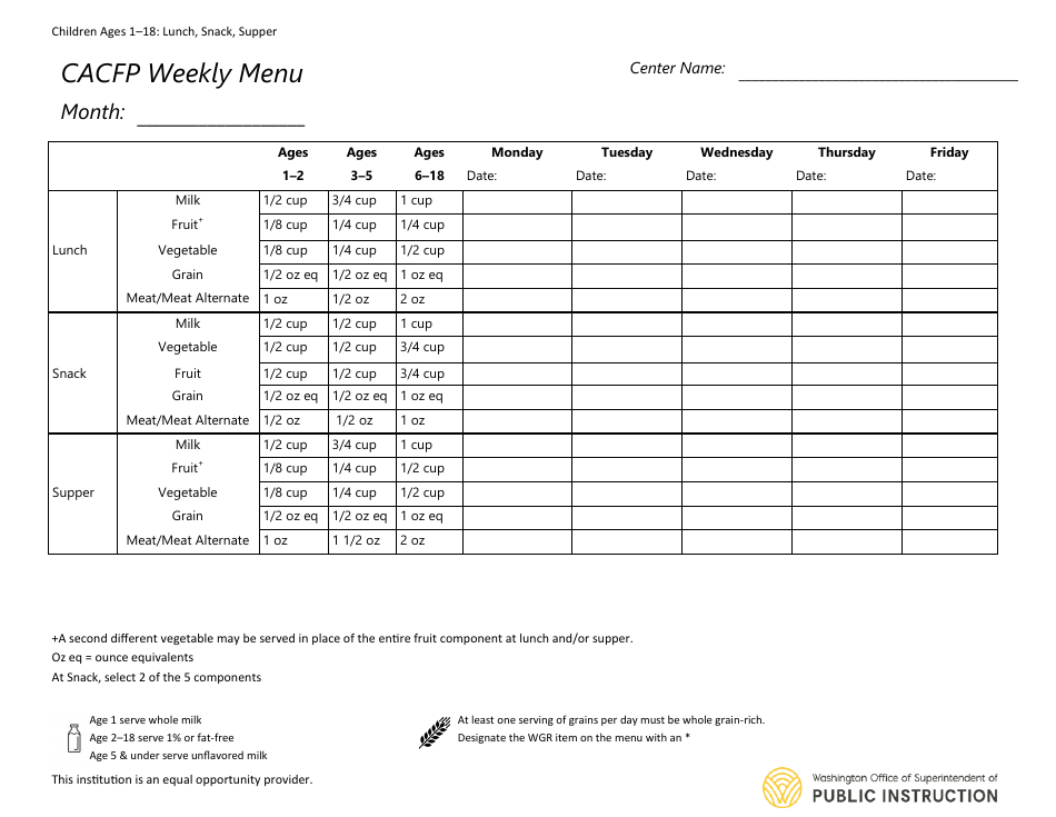 Washington cacfp weekly menu children ages 1 18 lunch snack supper