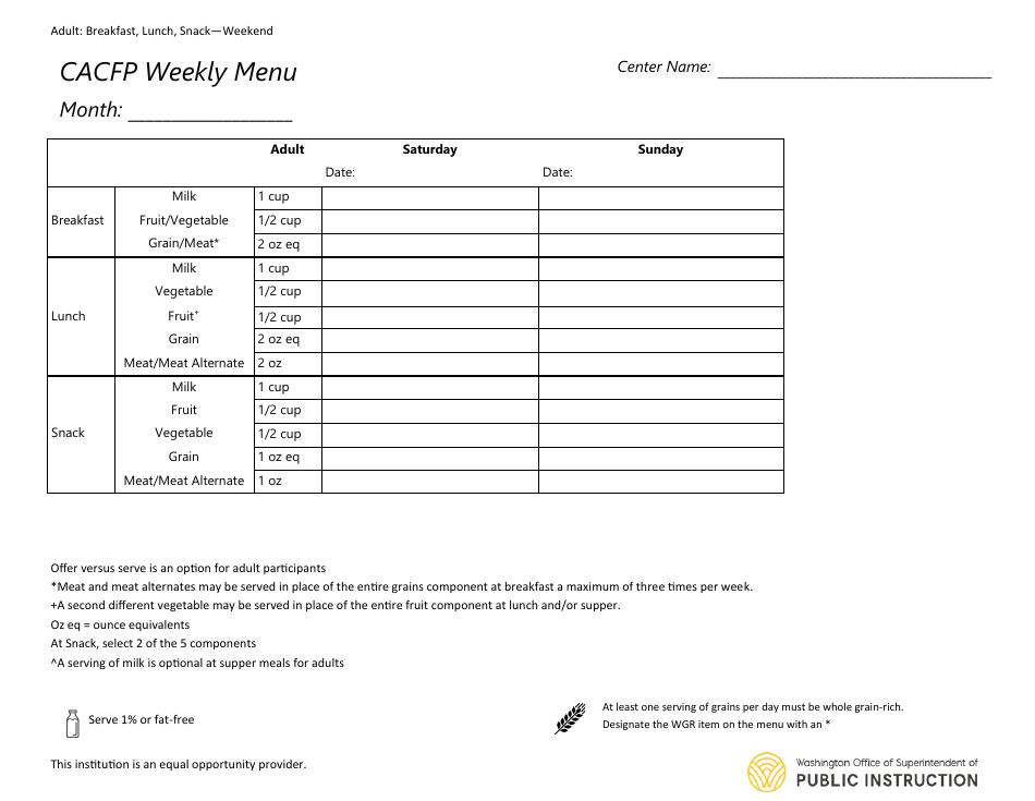 CACFP Weekly Menu - Adult: Breakfast, Lunch, Snack - Weekend Only - Washington, Page 1