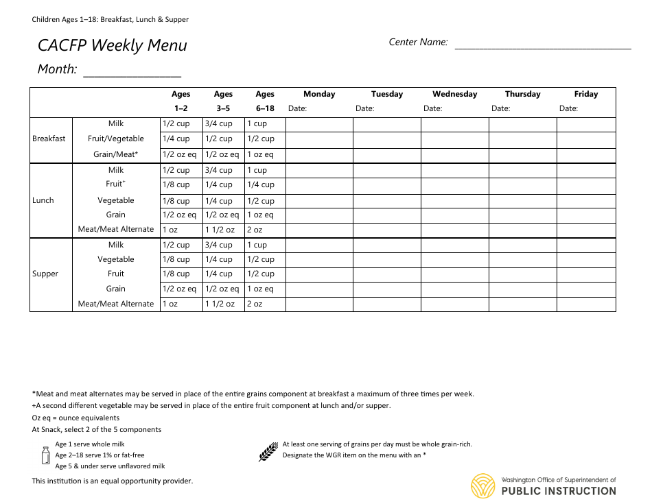 CACFP Weekly Menu - Children Ages 1-18: Breakfast, Lunch  Supper - Washington, Page 1