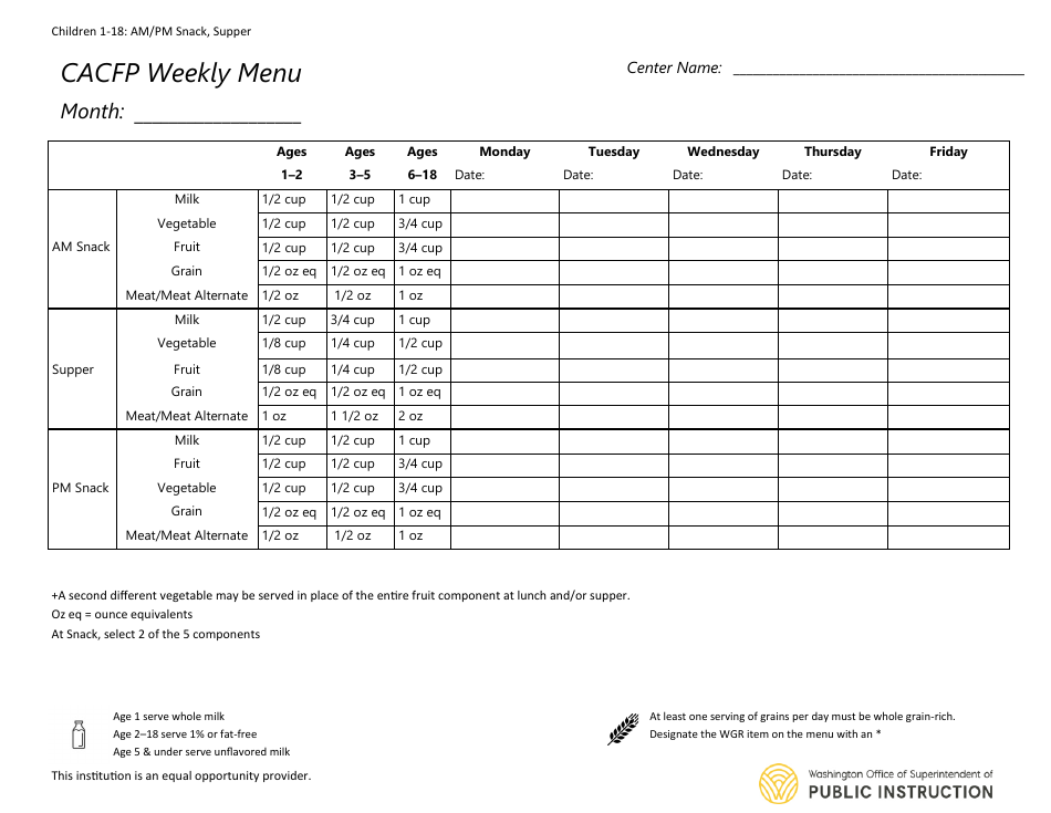 CACFP Weekly Menu - Children 1-18: Am / Pm Snack, Supper - Washington, Page 1
