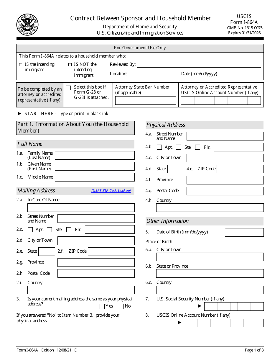 USCIS Form I-864A Contract Between Sponsor and Household Member, Page 1