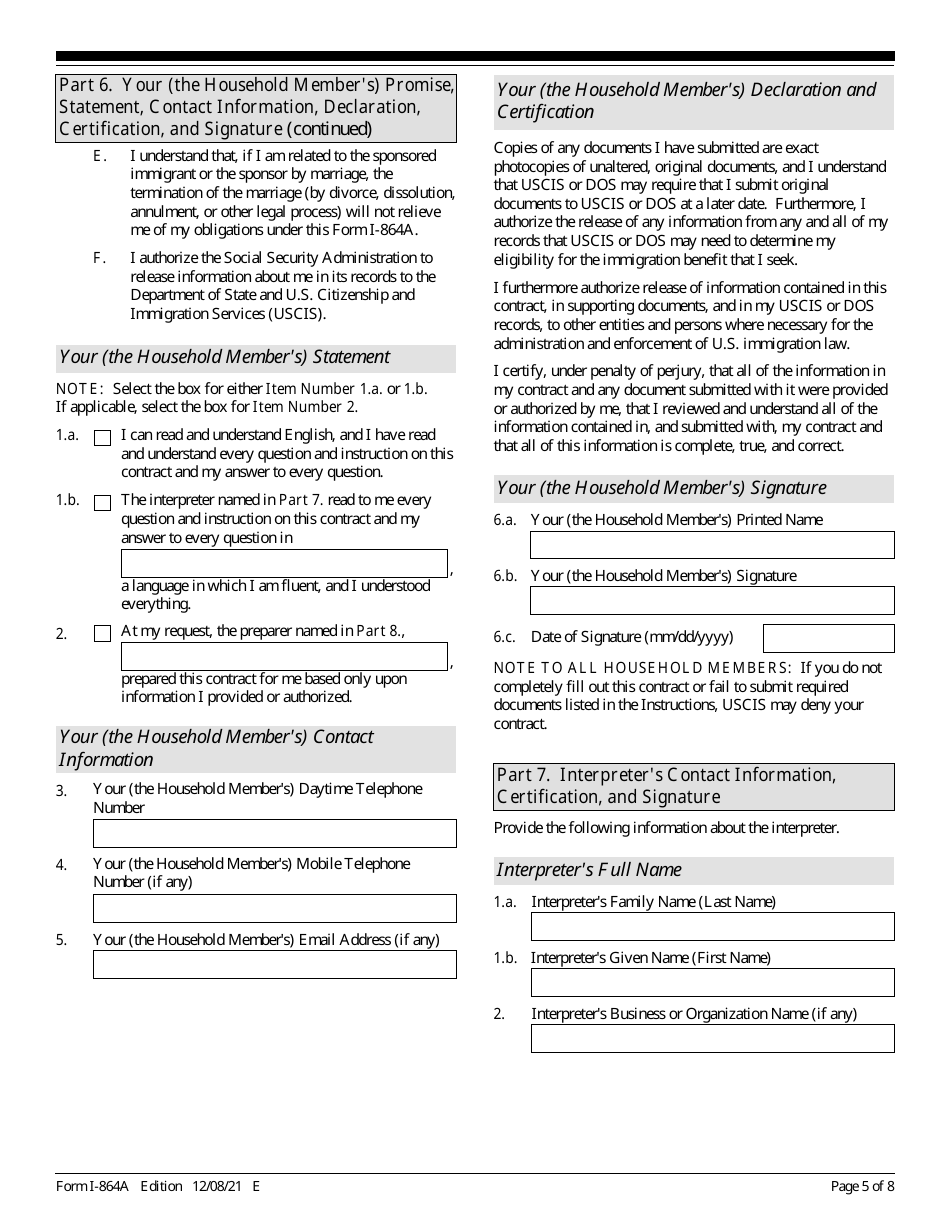 USCIS Form I-864A Contract Between Sponsor and Household Member, Page 5