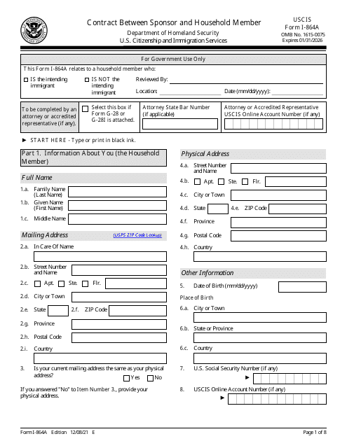 USCIS Form I-864A Contract Between Sponsor and Household Member