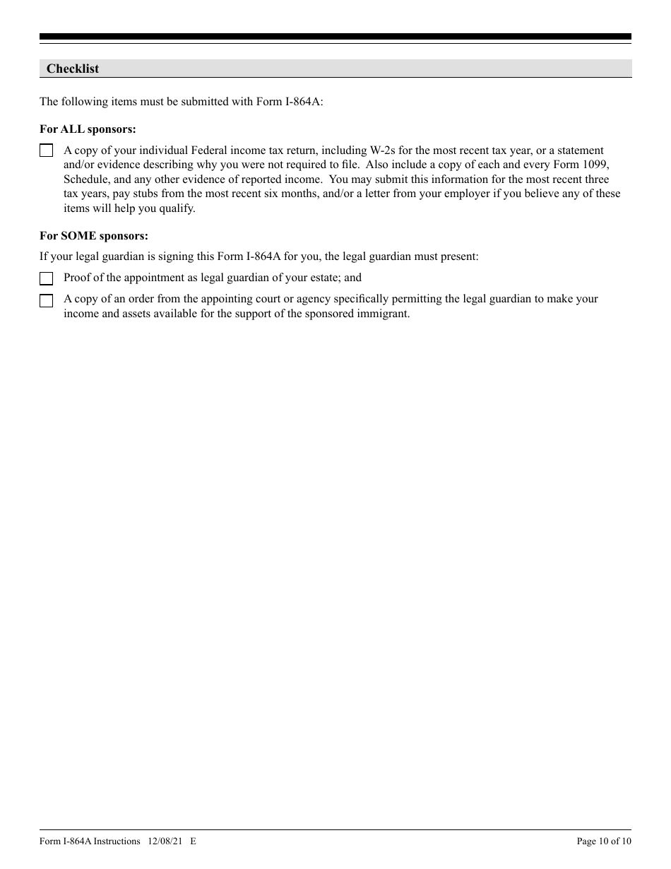 Instructions for USCIS Form I-864A Contract Between Sponsor and Household Member, Page 10