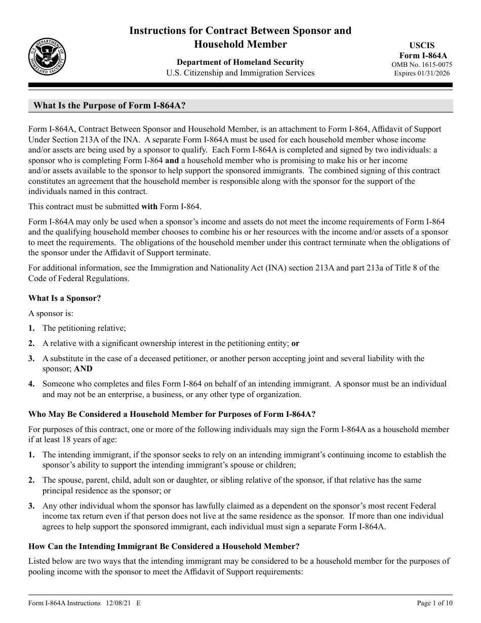 Instructions for USCIS Form I-864A Contract Between Sponsor and Household Member, Page 1
