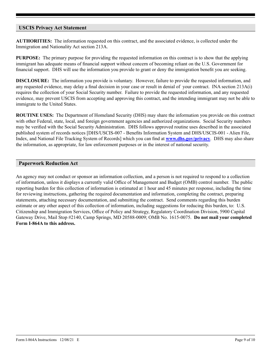 Instructions for USCIS Form I-864A Contract Between Sponsor and Household Member, Page 9