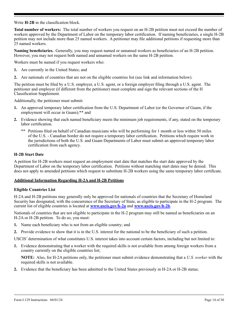 Instructions for USCIS Form I-129 Petition for a Nonimmigrant Worker, Page 14