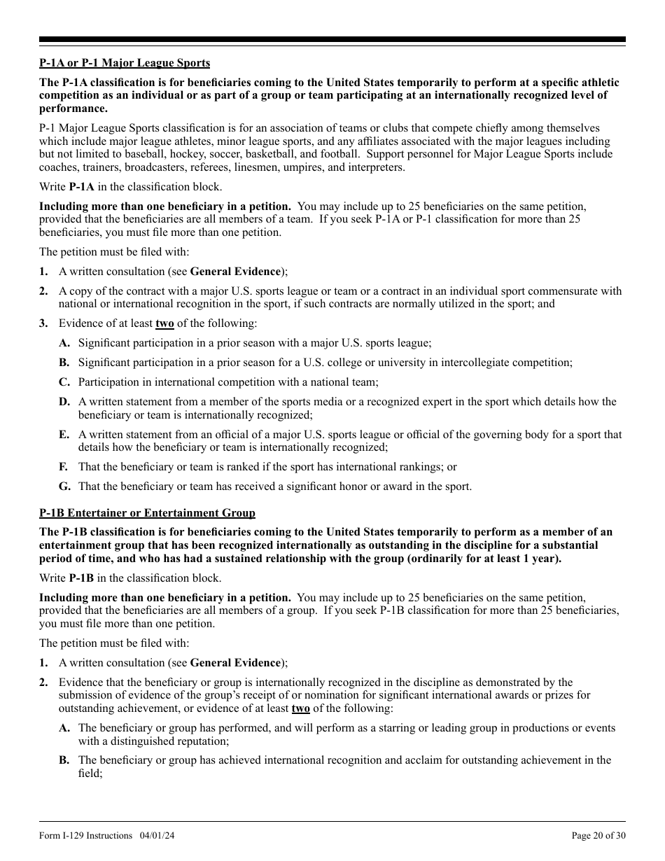 Instructions for USCIS Form I-129 Petition for a Nonimmigrant Worker, Page 20