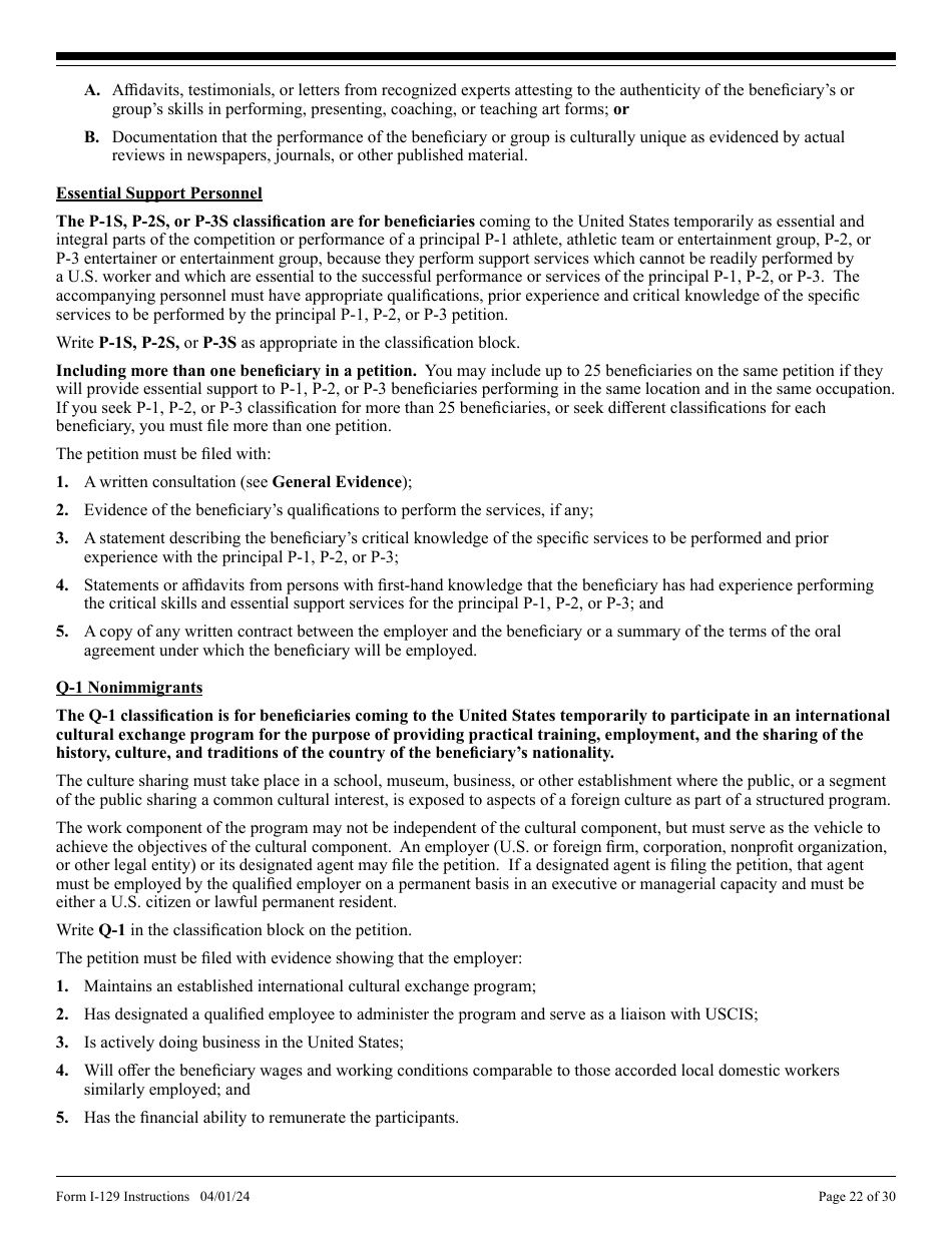 Instructions for USCIS Form I-129 Petition for a Nonimmigrant Worker, Page 22