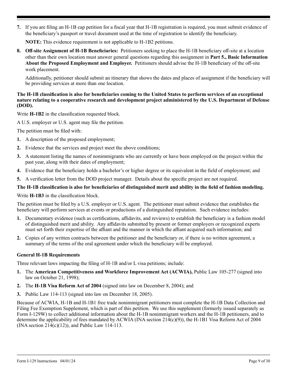 Instructions for USCIS Form I-129 Petition for a Nonimmigrant Worker, Page 9